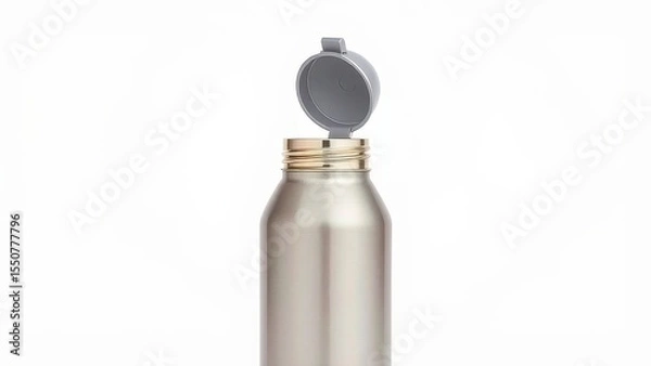 Fototapeta Reusable metal water bottle with an open gray cap on a white background
