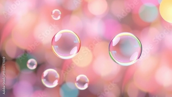 Fototapeta Floating bubbles against a soft pink and yellow bokeh background
