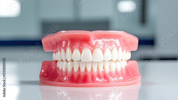Fototapeta realistic dental model showing upper and lower sets of teeth with pink gums, used for educational and dental demonstration purposes.