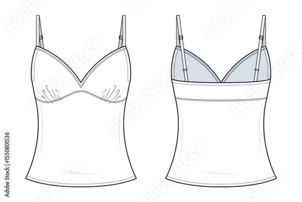 Fototapeta Spaghetti Strap Camisole Top Technical Fashion Illustration. Fitted Camisole Vector Template. Adjustable Shoulder Straps. Bust Seam Detail. Front and Back View. Women’s Wear. CAD Mockup.