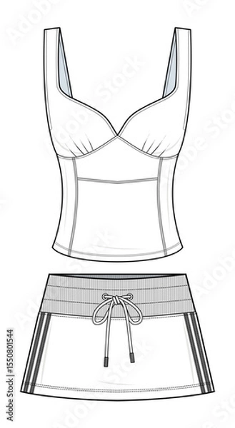 Fototapeta Ruched Bust Crop Top and Contrast Trim Mini Skirt Technical Fashion Illustration. Matching Two-Piece Outfit Vector Template. Adjustable Straps. Front View. Women’s Athleisurewear. CAD Mockup Set.