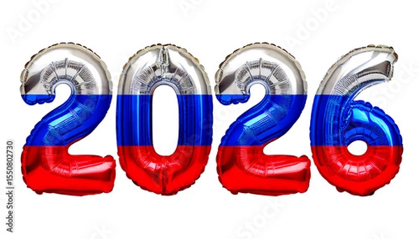 Obraz 数字の2026の形のロシアの国旗柄の風船。白背景（Russian flag pattern balloons in the shape of the number 2026 on white background）
