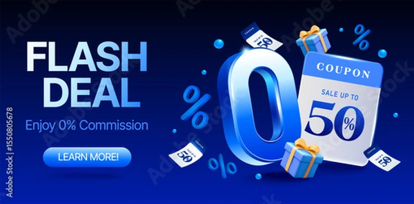 Fototapeta 3d coupon with 0 percent icon, gift boxes and gift vouchers flying around, isolated on deep blue background. Flash deal discount banner template with zero percent in 3d vector. Vector illustration