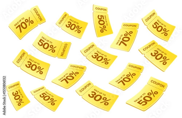 Fototapeta 3d unlimited yellow flying coupons as a rain, isolated on white background. Flying discount gift vouchers with coupon code, percentage off for sale off event in 3d vector. Vector illustration