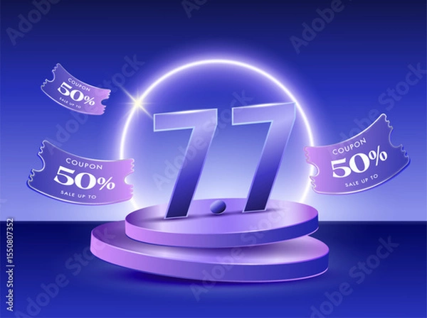 Fototapeta 3d 77 flash sale with July Seventh number on a stage or podium with vouchers flying around, coupon code, isolated on background. 3d discount banner template in vector illustration. Vector illustration
