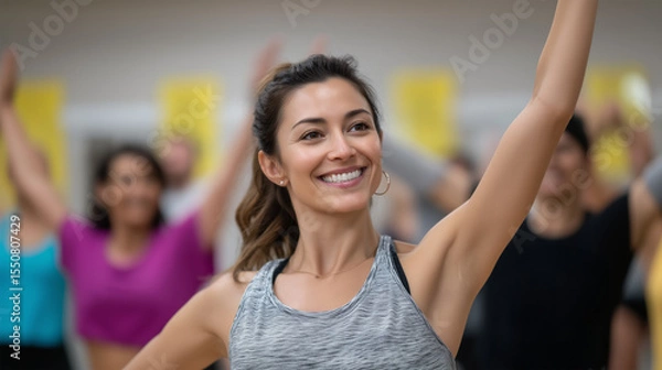 Obraz Energetic woman enjoying group fitness class with enthusiastic arm movements