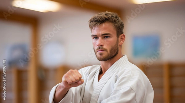 Obraz Focused martial arts athlete practicing traditional karate stance in training dojo