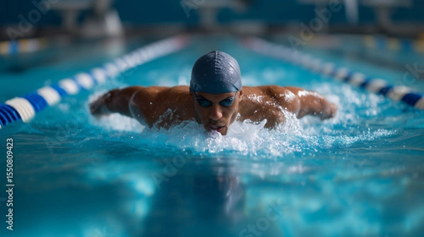 Obraz Athletic swimmer training with intense focus and determination in pool
