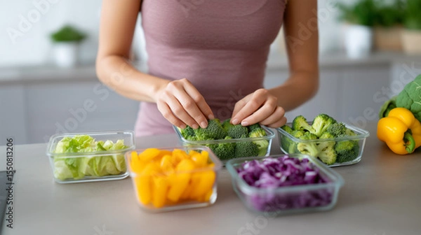 Obraz Woman hands organizing fresh broccoli and colorful vegetables in meal prep containers