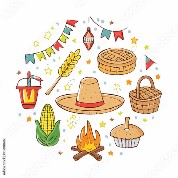 Fototapeta Colorful illustration featuring traditional Festa Junina elements like a straw hat, corn, fire, and festive decorations, capturing the joyful spirit of this cultural celebration in June