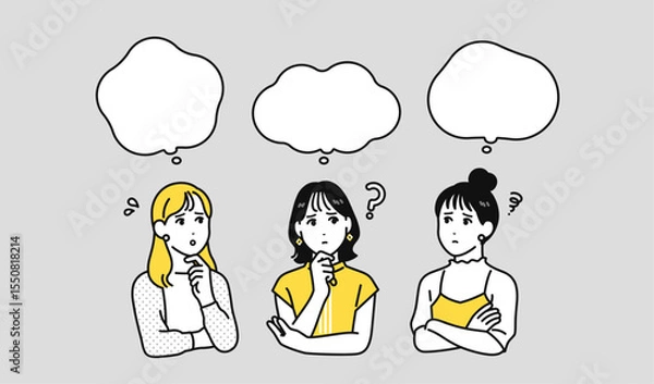Obraz 悩む 考える 若い女性 ふきだし セット