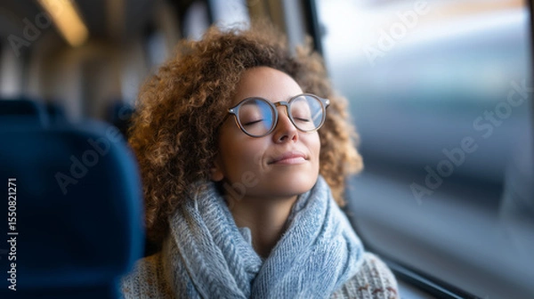 Obraz Thoughtful woman with curly hair and glasses enjoying peaceful moment during train or bus journey