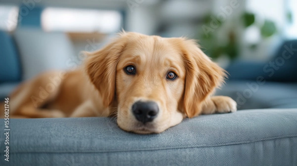 Obraz Adorable golden retriever puppy resting peacefully on gray sofa in comfortable modern home setting