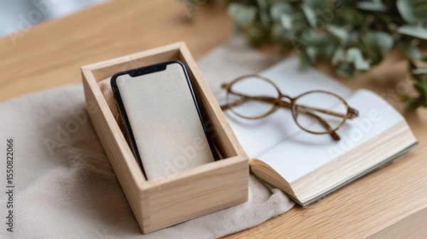 Obraz Green technology concept with smartphone in sustainable packaging surrounded by natural office elements