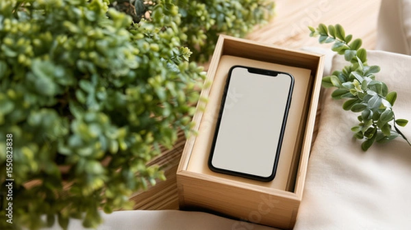 Obraz Smartphone in wooden box with green plants showing sustainable technology packaging and eco friendly design
