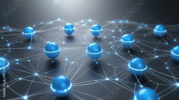 Fototapeta A futuristic, high-tech visual background featuring a complex network of interconnected nodes, depicted as glowing blue spheres with thin, pulsing white lines radiating from each center