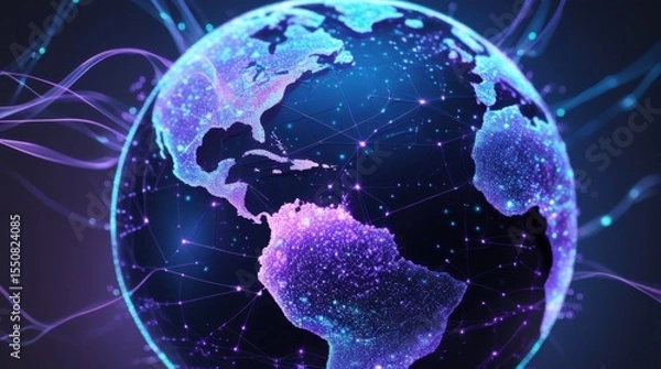 Fototapeta A mesmerizing abstract globe, illuminated with a network of vibrant, glowing digital connections, resembling a intricate web of circuitry, with swirling patterns of blue and purple hues