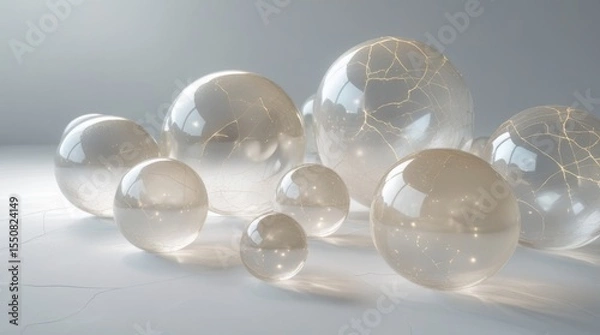 Fototapeta Ethereal transparent spheres of varying sizes, each with a subtle sheen, suspended in a pristine white void, devoid of shadows, with a delicate, intricate network of faint