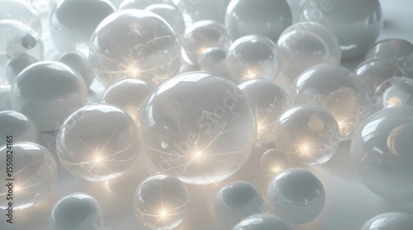 Fototapeta Ethereal transparent spheres of varying sizes, each with a subtle sheen, suspended in a pristine white void, devoid of shadows, with a delicate, intricate network of faint