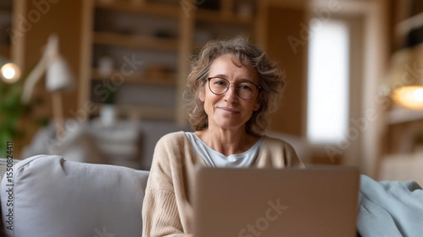 Obraz Senior woman with glasses working from home on laptop showing remote work and digital literacy