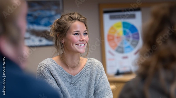 Obraz Young businesswoman smiling during team meeting in modern startup office with colorful charts background