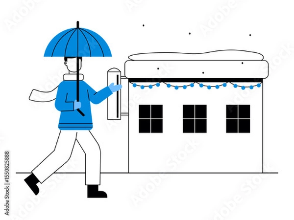 Fototapeta Man walking with umbrella during snowfall. Snowy day illustration. Winter fun activity. Flat vector illustration.