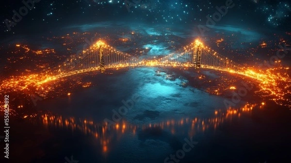 Fototapeta Stunning Aerial View of Illuminated Bridge in Night Sky Over Water