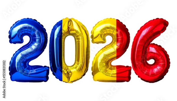 Obraz 数字の2026の形のルーマニアの国旗柄の風船。白背景（Romanian flag pattern balloons in the shape of the number 2026 on white background）
