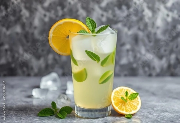 Obraz Refreshing lemon mint lemonade in glass with ice, gray stone background, herb, refreshing