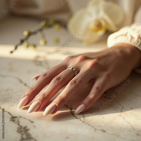 Fototapeta Elegant Woman's Hand with Beige Manicure and Delicate Ring