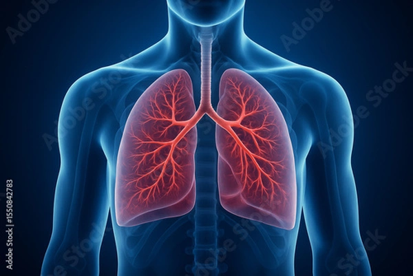 Fototapeta AI generated high resolution anatomical rendering of the human respiratory system in translucent blue style showcasing lungs trachea bronchi and spine suitable for medical science and educational use