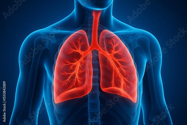 Fototapeta AI generated high detail medical render of glowing human lungs trachea and ribcage in a translucent sci fi style anatomy scan with vibrant red and blue contrast