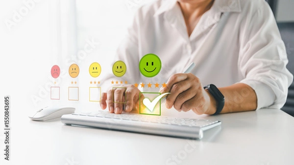 Fototapeta Customer service evaluation concept. Client feedback from marketing survey excellent service and quality satisfaction, customers can evaluate quality of service leading to business reputation rating.