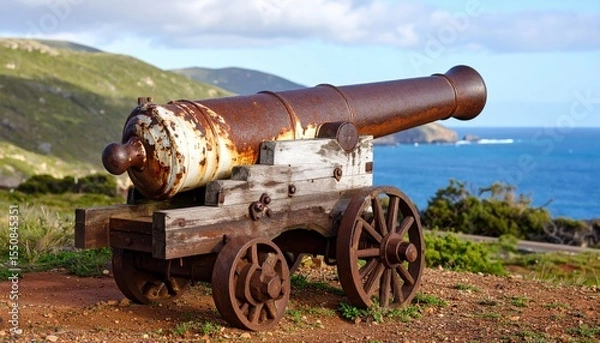Obraz Historic cannon on a coastal landscape with ocean view, evoking a sense of history and exploration
