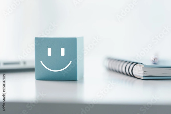 Fototapeta Client show feedback, smiley face sign. Service rating, satisfaction concept. happy smile face, good feedback rating, positive customer review, experience, satisfaction survey, smiley mental health.