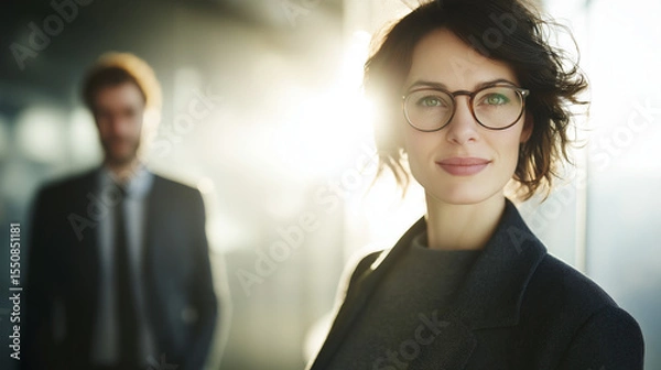 Obraz Two professionals discussing in a modern office, conveying collaboration and strategic thinking.