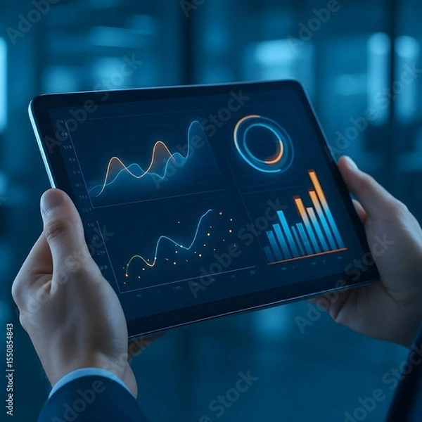 Fototapeta Close-up shot of hands holding a tablet displaying futuristic data visualizations. Ideal for technology presentations and digital innovation concepts.