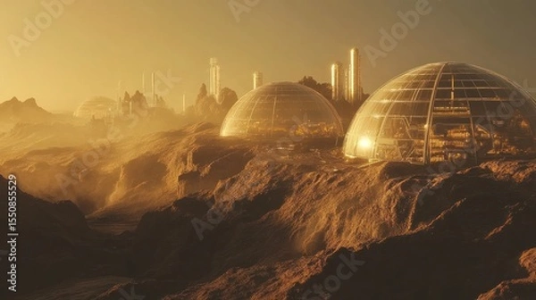 Obraz Martian city with transparent domes nestled amongst red rock formations.