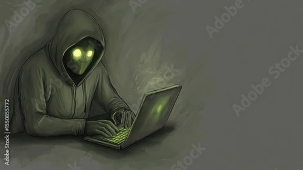 Obraz Masked figure working on a laptop in a dark, dimly lit environment.