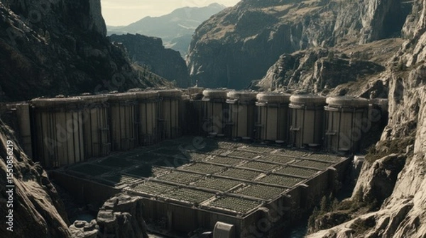 Obraz Massive dam structure nestled within a dramatic mountain gorge.