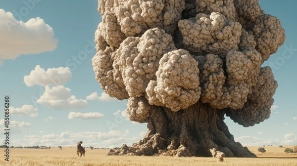 Obraz Massive explosion cloud over a golden field with two distant animals.