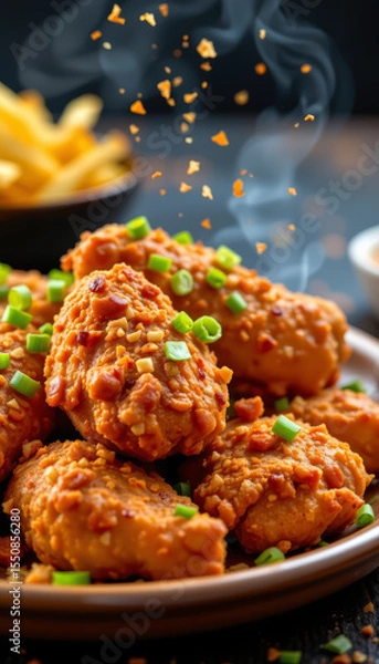 Fototapeta Hot and crunchy fried chicken wings garnished with chopped green onion served plate with steam rising, showing fresh