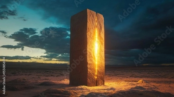 Obraz Massive, glowing, stone obelisk in a desert landscape at sunrise.