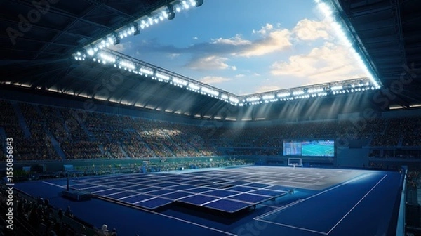 Obraz Massive indoor stadium filled with spectators watching a sport on a court lit by dramatic spotlights.
