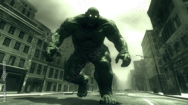 Obraz Massive, menacing creature stalks a city street, looming over buildings.