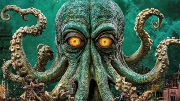Obraz Massive, monstrous octopus with glowing eyes, overlooking ruined, decaying city structures.