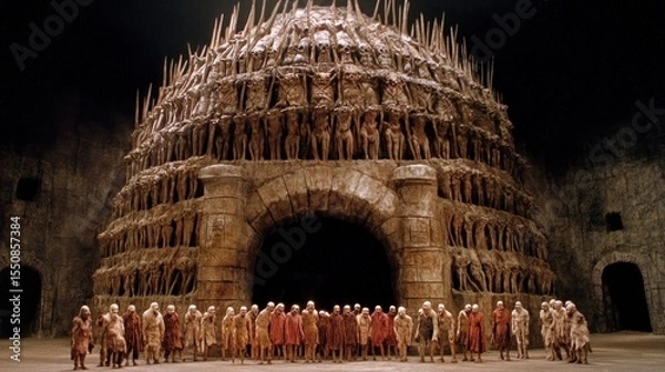 Obraz Massive, ornate, ancient-style structure with figures, theatrical scene.