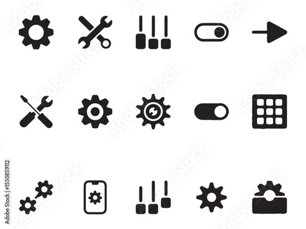 Obraz A collection of various simple, black and white interface icons, such as gears, tools, switches, arrows, and a grid, suitable for depicting settings, options, and configurations in software vector art
