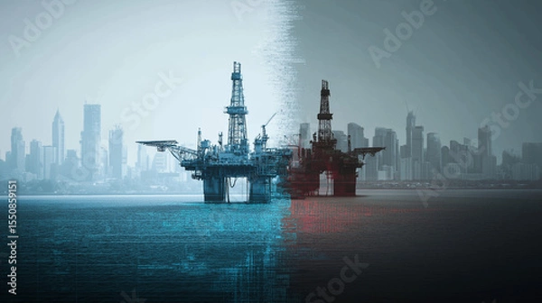 Fototapeta Oil extraction graphs visual insights of offshore drilling platforms amid urban skyscapes