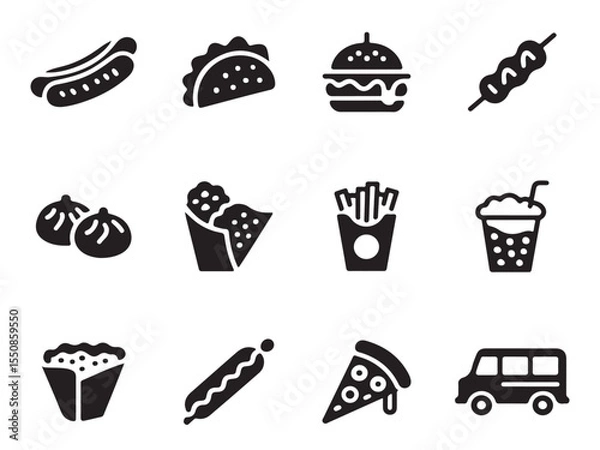 Obraz a set of simple, solid black icons representing various fast food items vector art on white